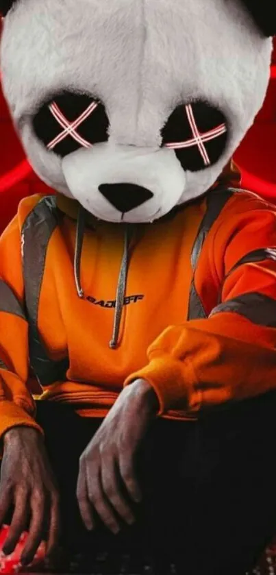 Panda mask wearing an orange hoodie with neon lights backdrop.