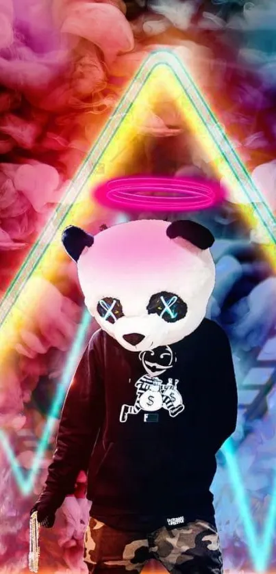 Neon panda with halo in vibrant color scheme.