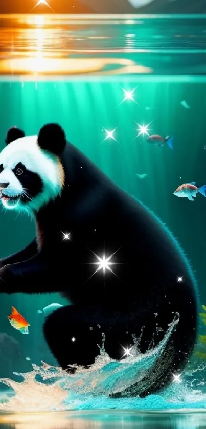 Swimming panda with fish in vibrant underwater scene.