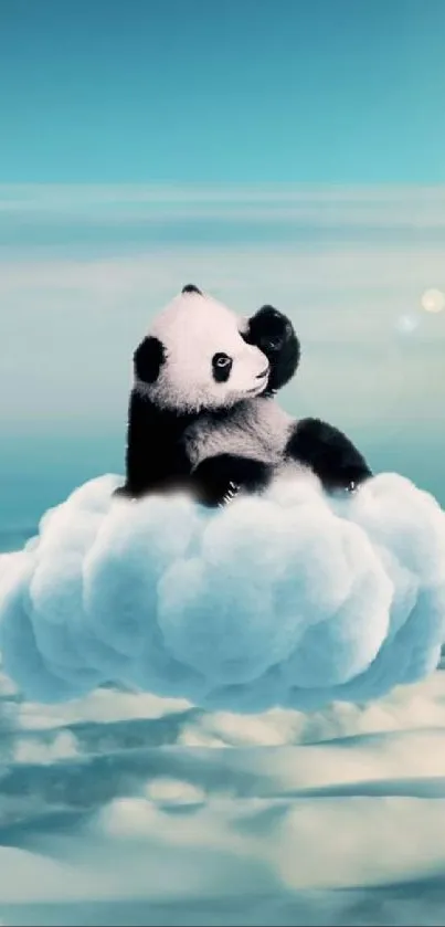 Cute panda sitting on a fluffy cloud in the sky.