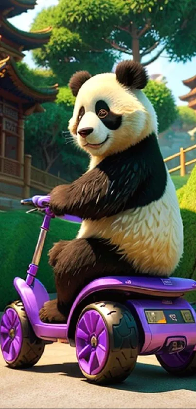 Whimsical panda riding a purple scooter in a scenic Asian garden.