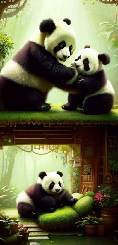 Two playful pandas enjoying a lush green forest setting.