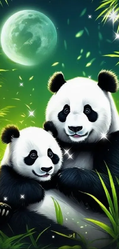 Two pandas in moonlit bamboo forest wallpaper