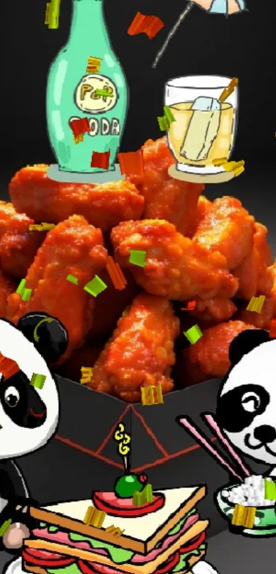 Playful panda cartoon with spicy wings.