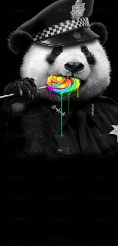 Panda wearing police hat with colorful lollipop.