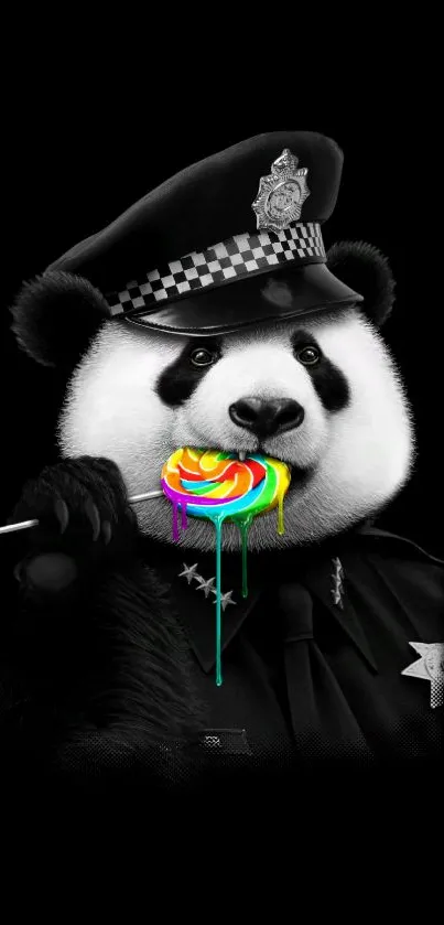 Panda police officer with a colorful lollipop on a black background.