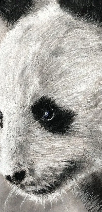 Artistic panda drawing with detailed texture and gray tones.