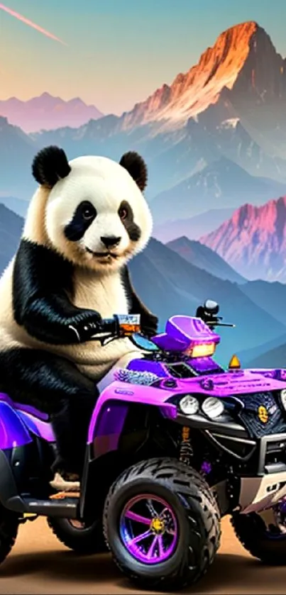 Panda on purple quad bike with scenic mountain background.