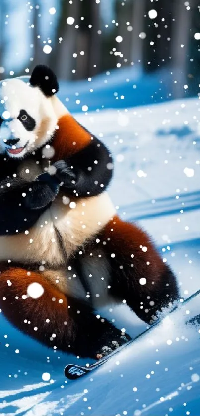 Panda skiing down a snowy slope, showcasing fun and adventure.