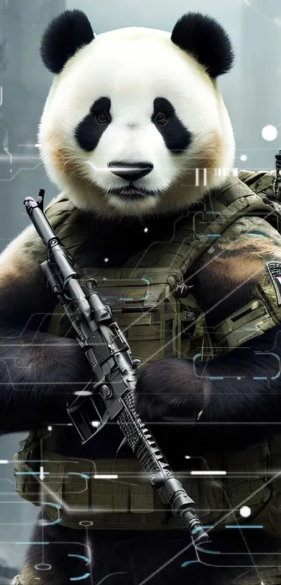 Panda soldier in cyber environment, holding weapon.