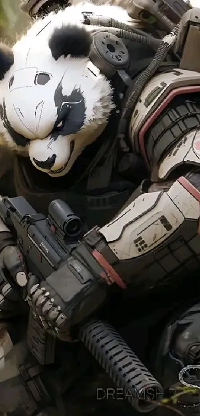 Panda dressed in futuristic armor holding a weapon in a sci-fi themed setting.