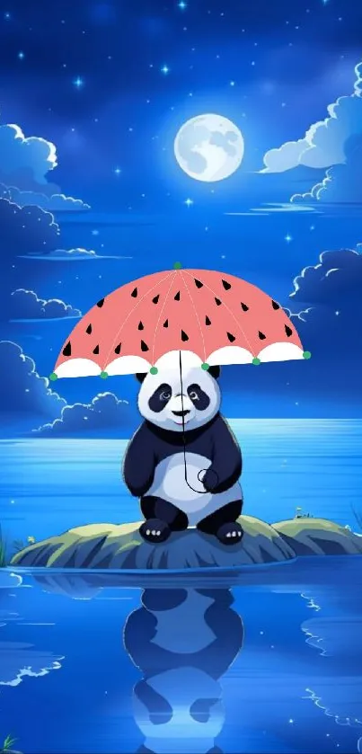 Panda with a watermelon umbrella under a moonlit blue sky.