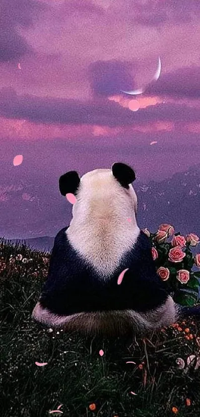 Panda beneath a crescent moon in a purple sky, surrounded by scenic flowers.