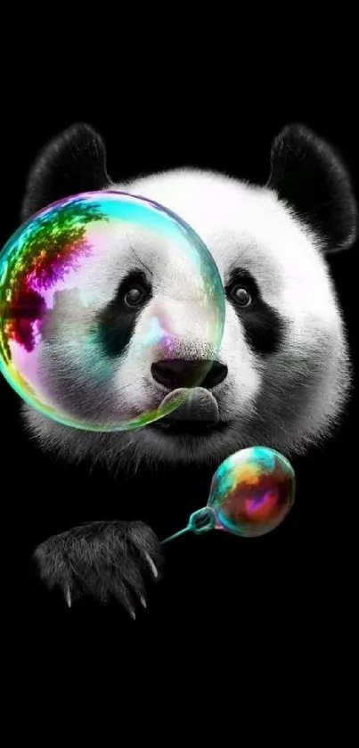 Panda blowing colorful bubbles on black background wallpaper.