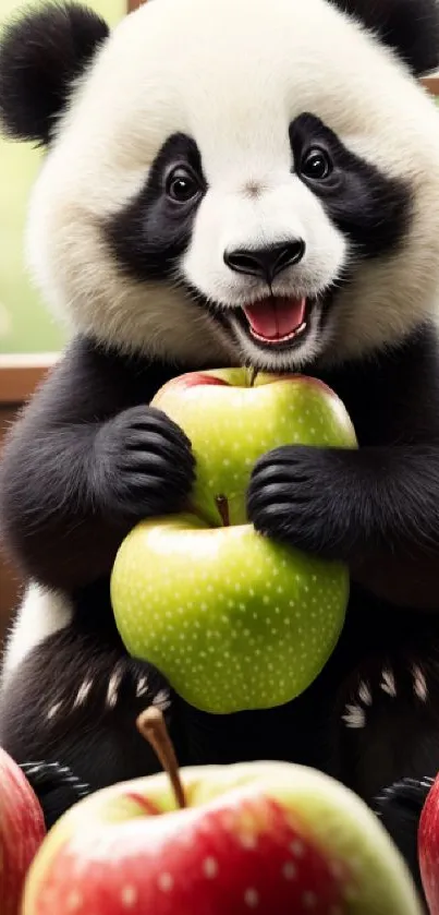 Cute panda with green apple, surrounded by apples.