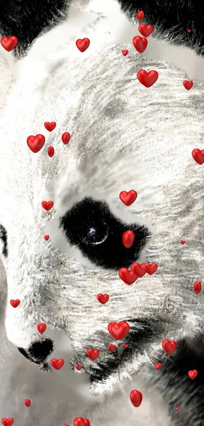 Artistic panda with scattered red hearts creating a cute wallpaper design.