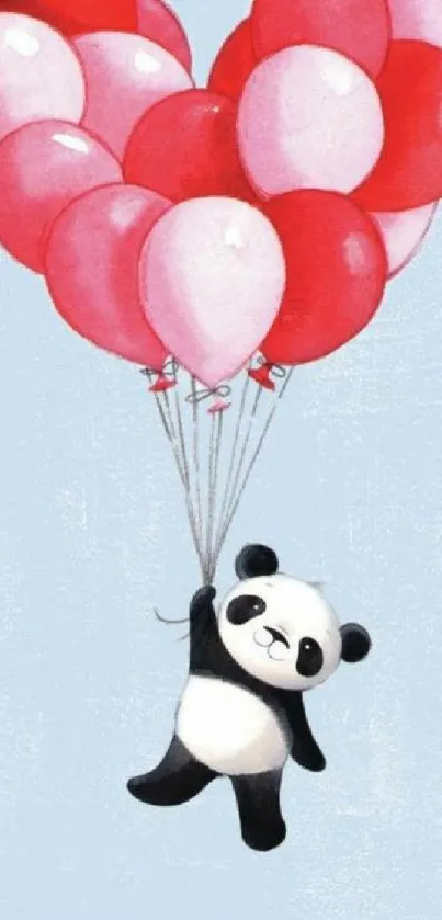 Panda holding red balloons on a light blue background.