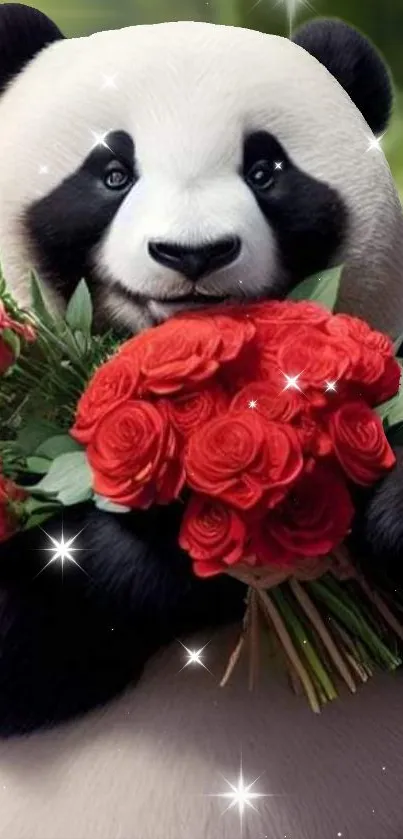 Adorable panda holding red roses in a sparkling forest background.