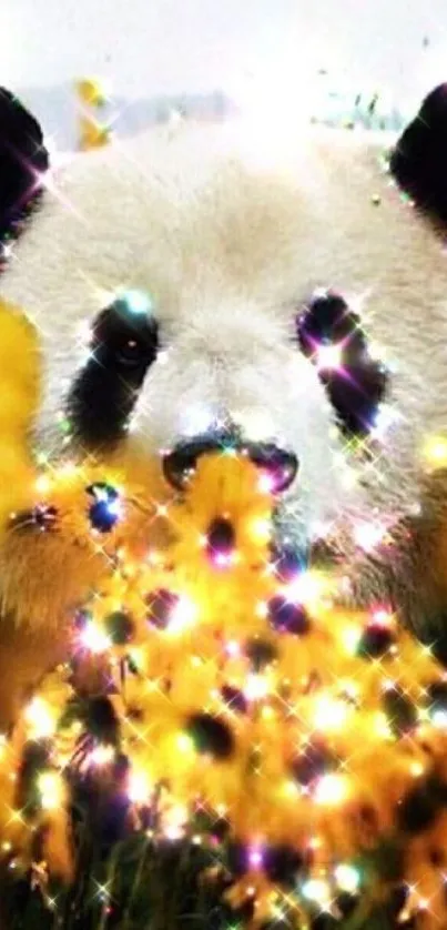 Panda peeking through sparkling yellow flowers.