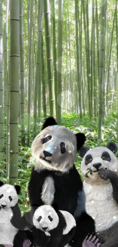 Charming panda family in lush bamboo forest mobile wallpaper.