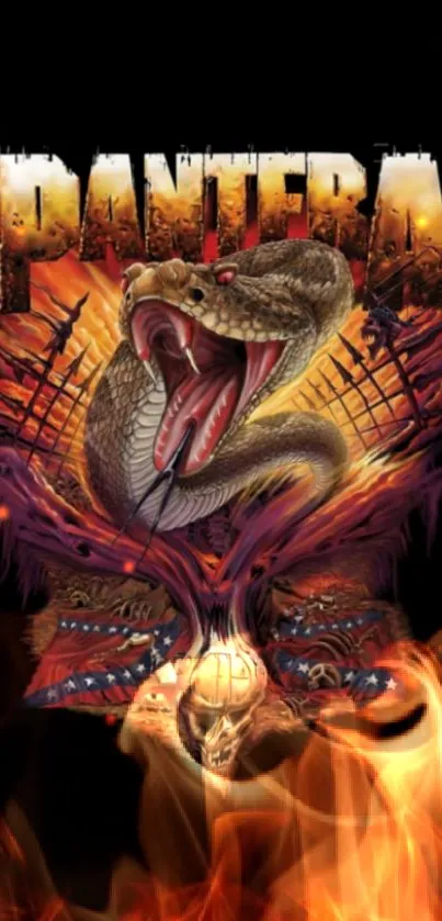 Pantera-inspired snake art with fiery background