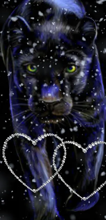 Majestic panther with sparkling hearts and snow effects for mobile wallpaper.