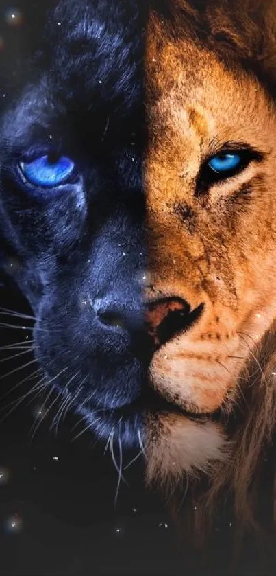 Mobile wallpaper with lion and panther faces, blue eyes, and dark background.