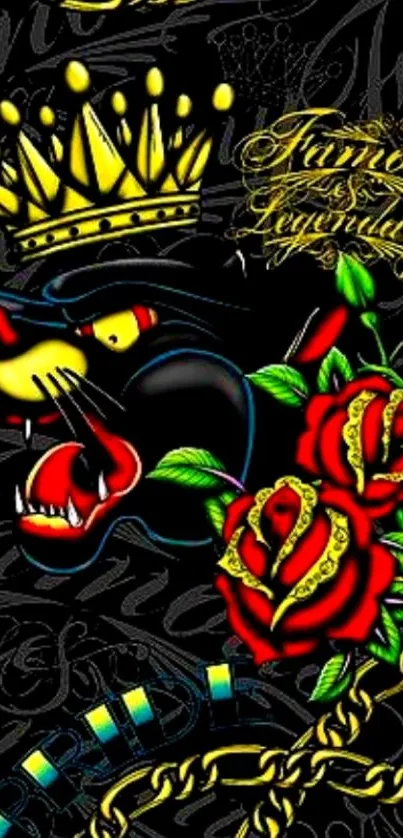 Fierce panther with crown and roses on black wallpaper.