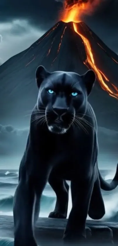 Black panther stands empowered before erupting volcano, dramatic nature setting.