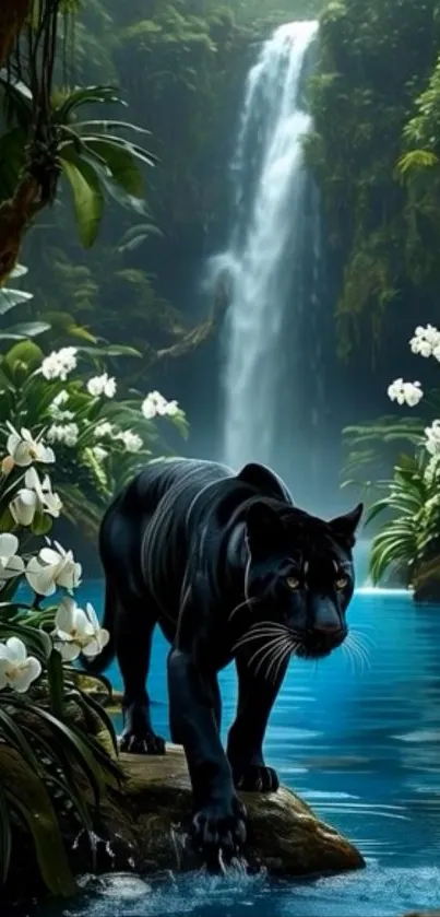 Black panther near a waterfall in lush greenery.