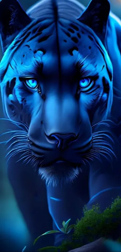 Blue panther with neon eyes in a jungle setting.