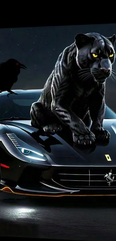 Black panther on a sleek sports car under a starry night sky.