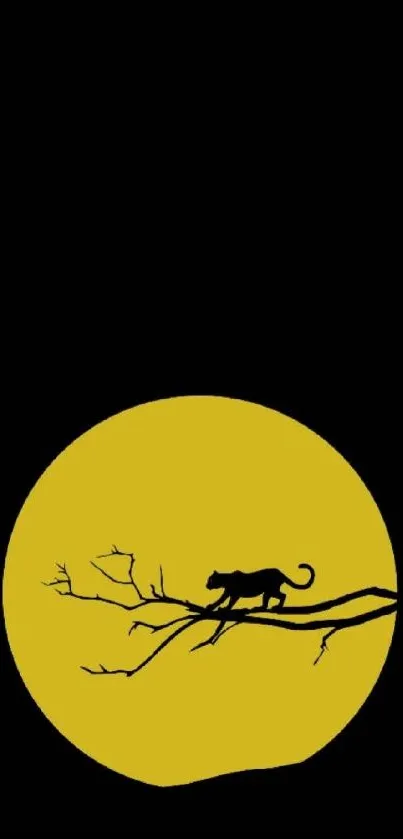 Panther silhouette on a branch against a yellow moon.