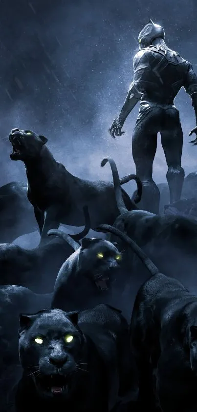 Warrior surrounded by black panthers in a dramatic scene.