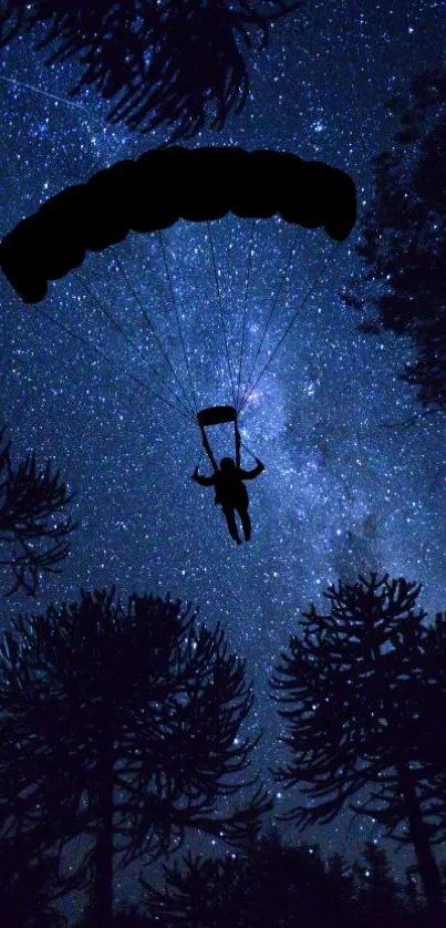 Silhouette of parachutist against a starry night sky and dark trees.