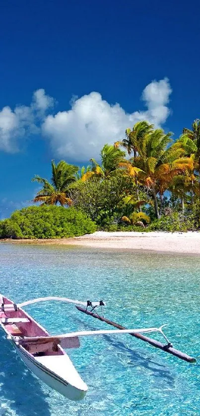 Boat by a tropical island with blue ocean and sky.