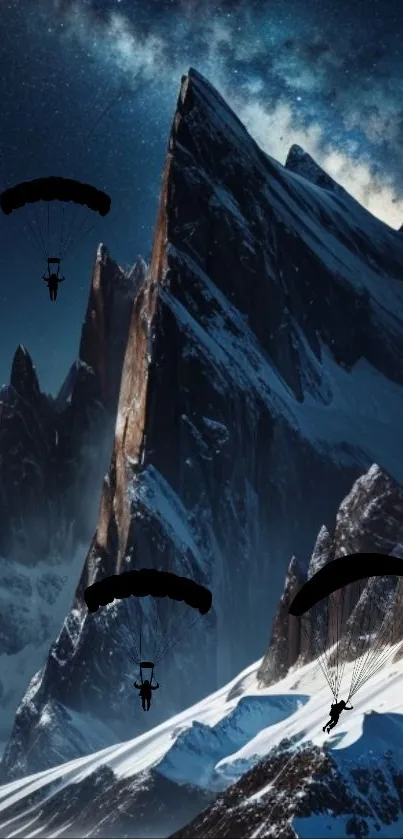 Paragliders soaring over dark snowy mountains under a starry night sky.