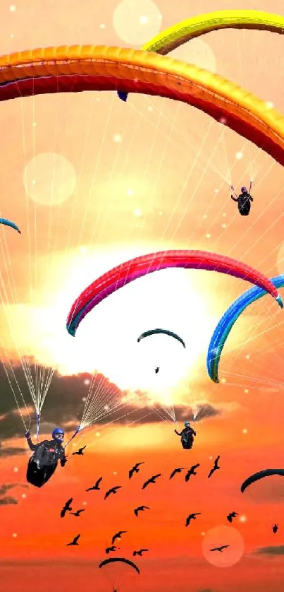 Paragliders soaring at sunset with bright colorful skies.