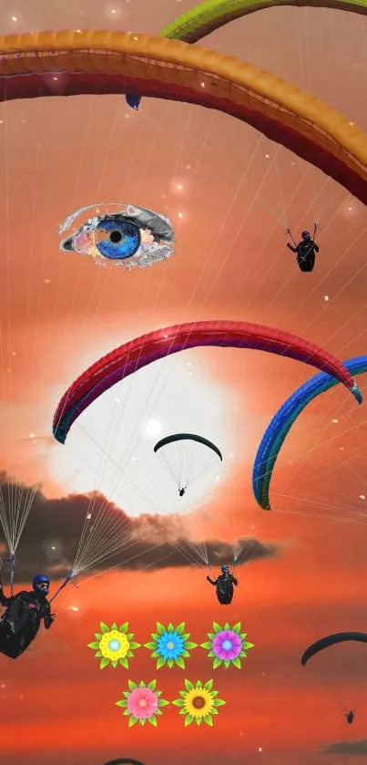 Surreal paragliding art with vibrant canopies under a rust orange sky.