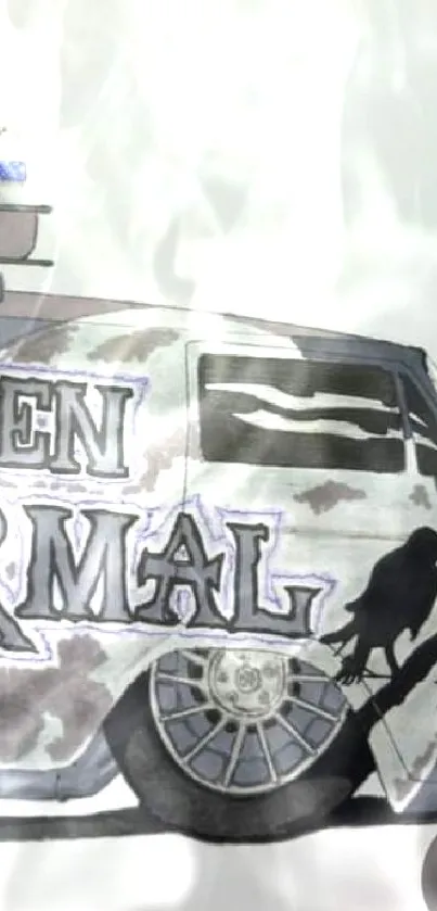 Illustration of a vintage van with 'Black Raven Paranormal' text.