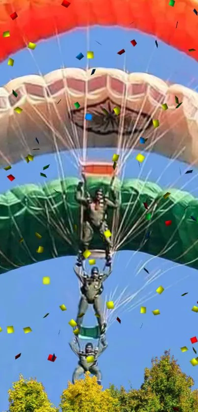 Paratroopers descending with colorful parachutes against a blue sky.