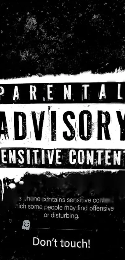 Parental Advisory Sensitive Content wallpaper in bold black and white design.