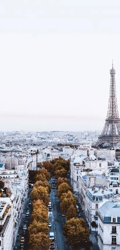 Aerial view of Paris featuring the Eiffel Tower with a blue sky backdrop.