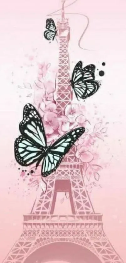 Pink Eiffel Tower with butterflies and flowers in a stylish wallpaper.