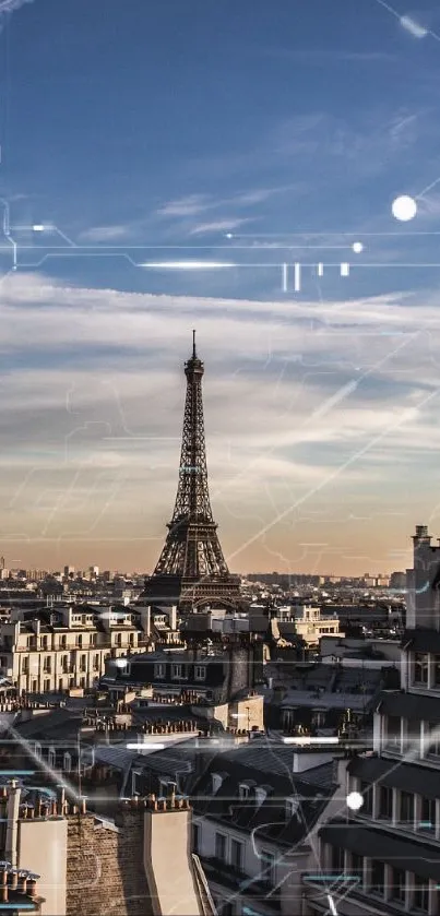 Paris cityscape with Eiffel Tower under a vibrant blue sky.