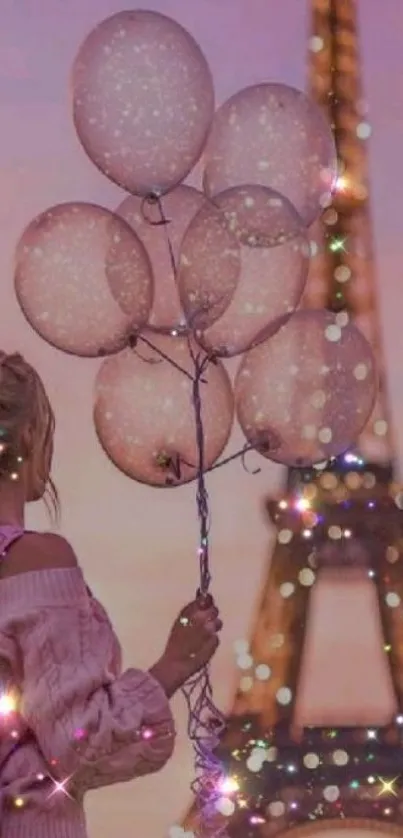 Girl holding pink balloons in front of Eiffel Tower at dusk.