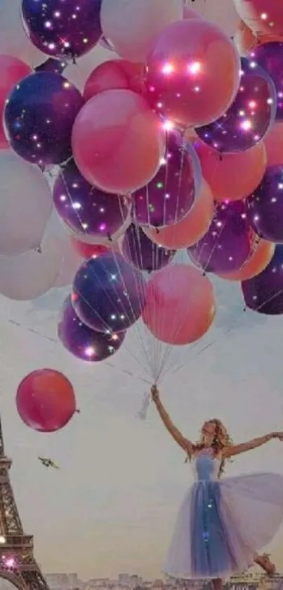 Woman with colorful balloons near Eiffel Tower, dreamy and whimsical.