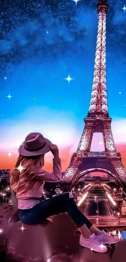 Magical Parisian night with Eiffel Tower and starry sky on mobile wallpaper.