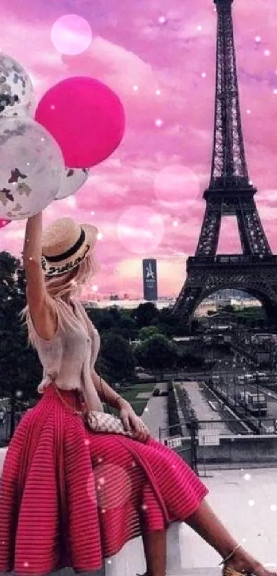 Romantic Paris scene with pink sky and woman by Eiffel Tower.