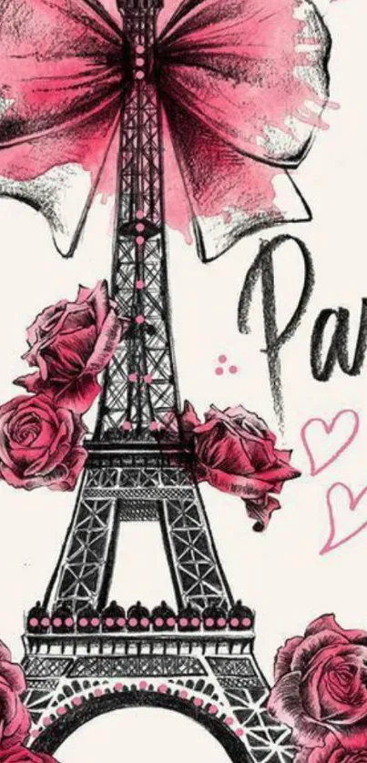 Illustration of Eiffel Tower with roses and a pink bow.